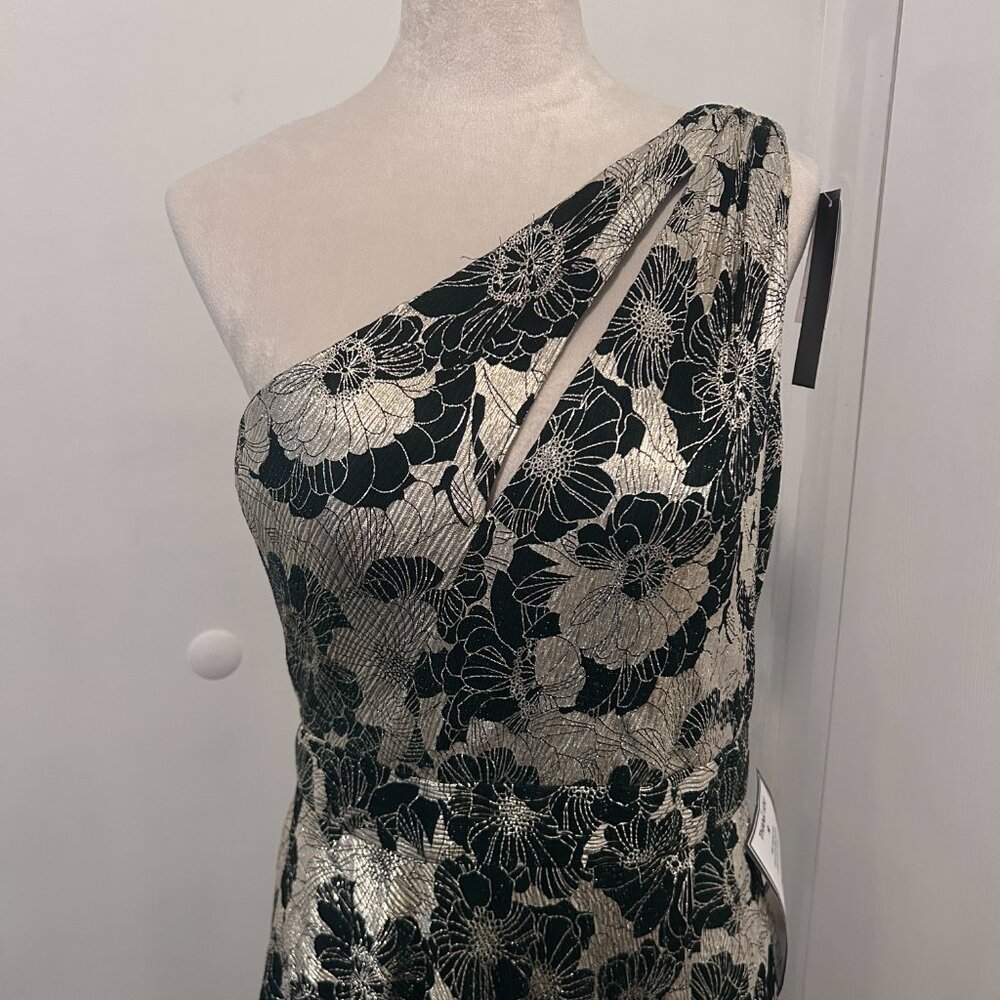 Gwen" Betsy&Adam Long One Shoulder Foil Flower Dress - Picture 8 of 8